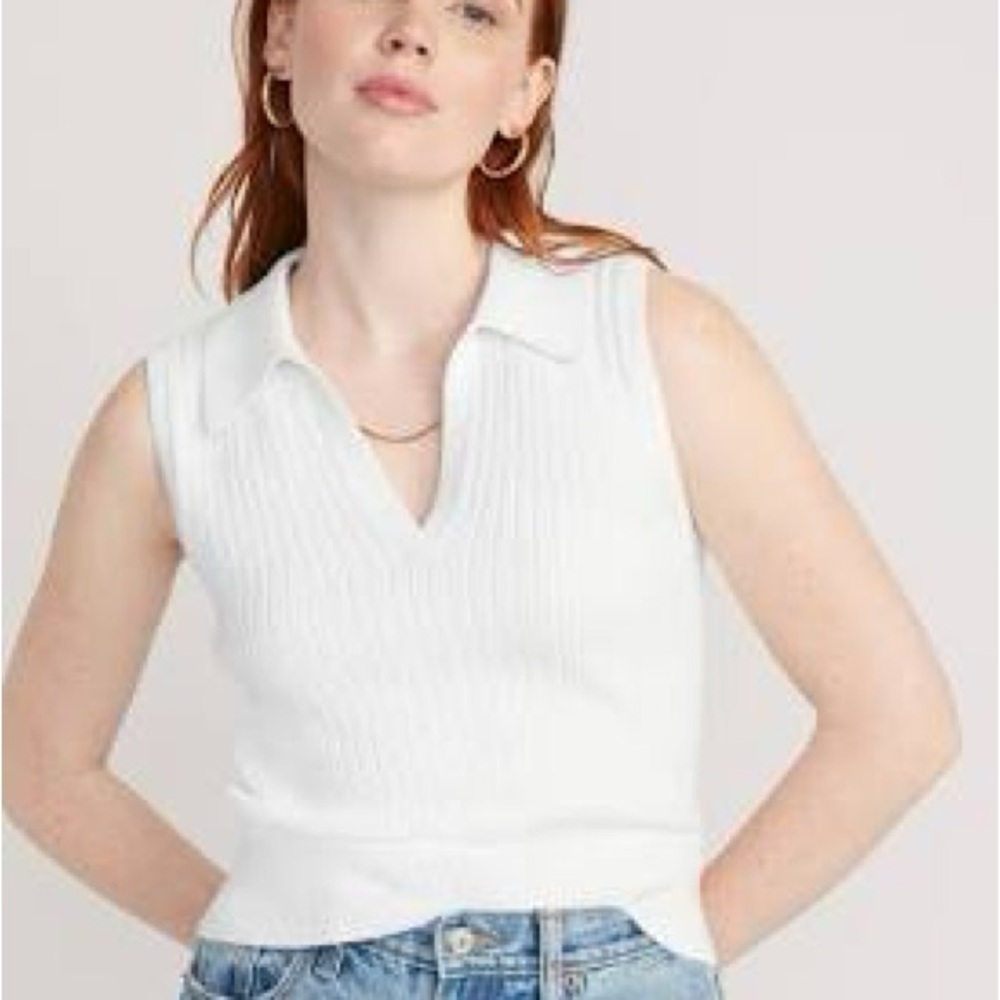Old Navy White Ribbed Collared Sleeveless Polo Tank Top